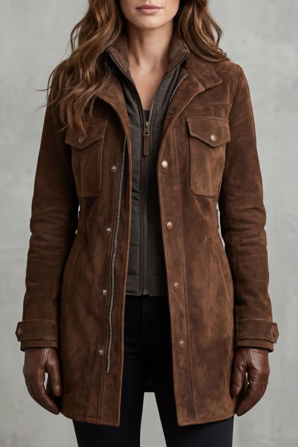 Sabrina | Suede Zip Front Utility Button Jacket