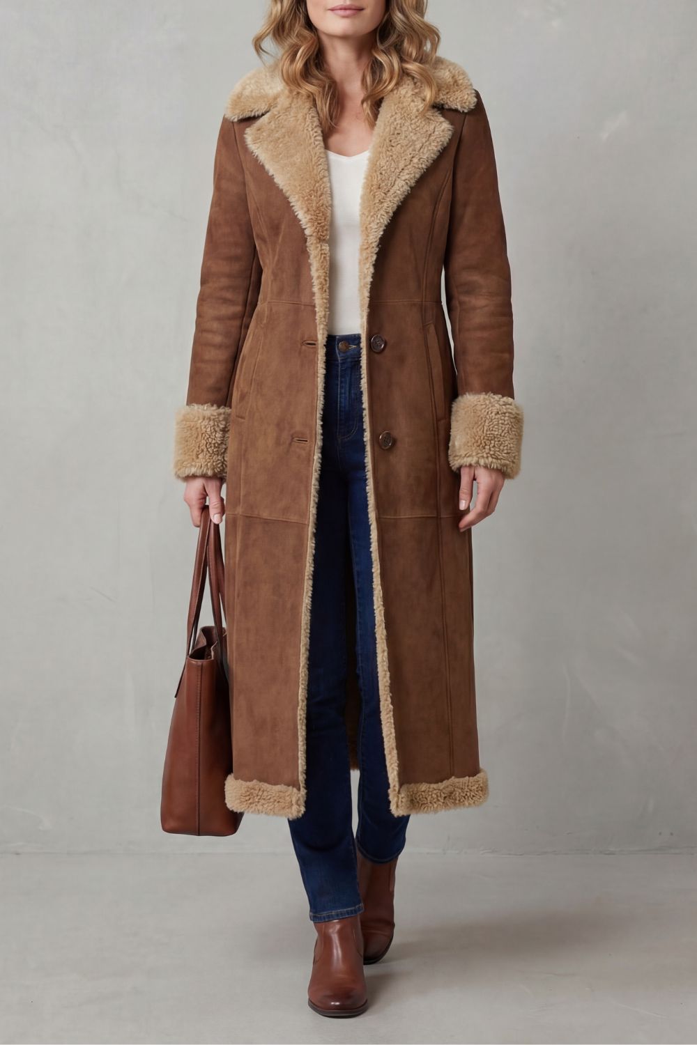 Una | Shearling Lined Suede Look Longline Coat
