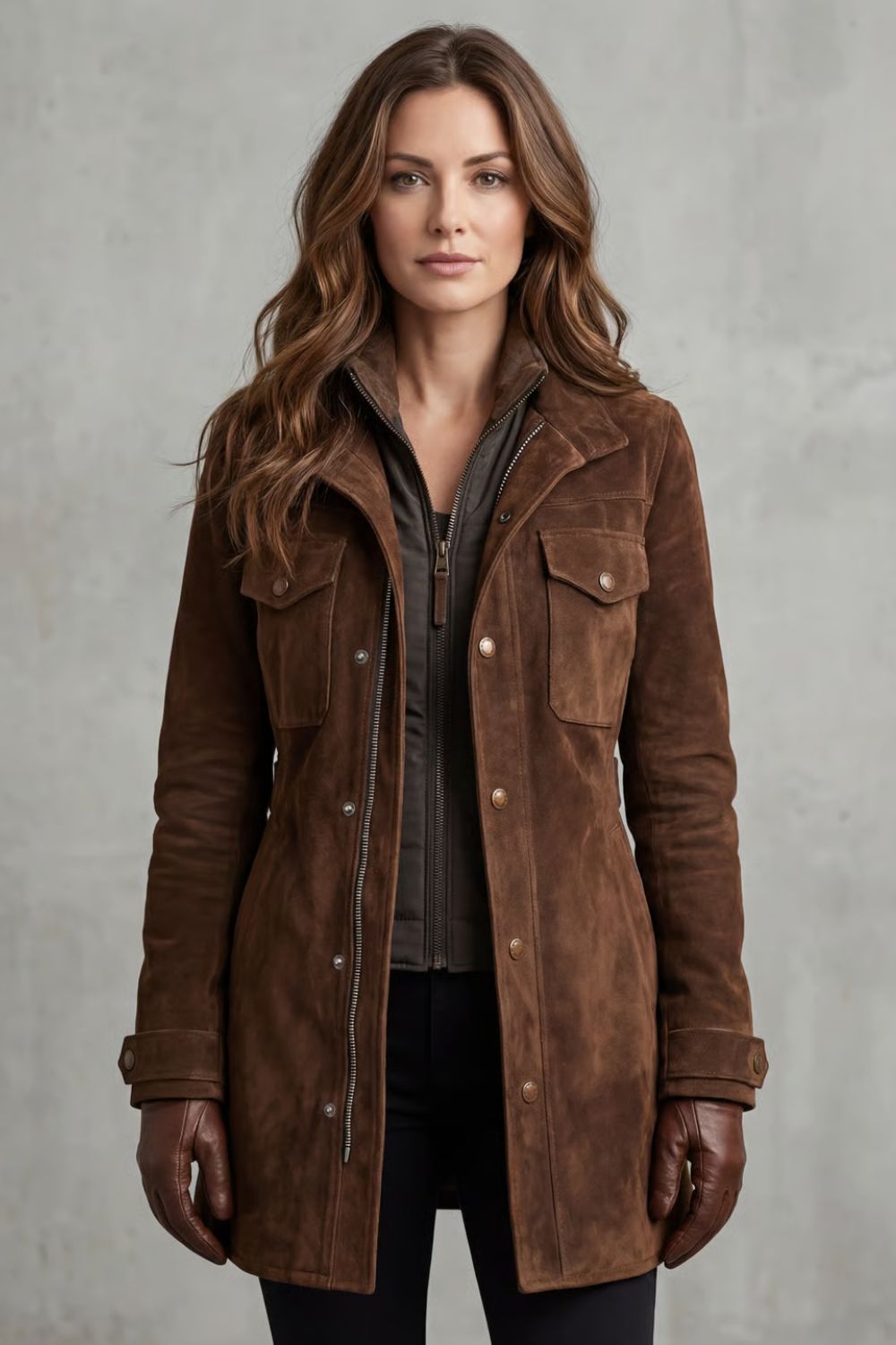 Sabrina | Suede Zip Front Utility Button Jacket