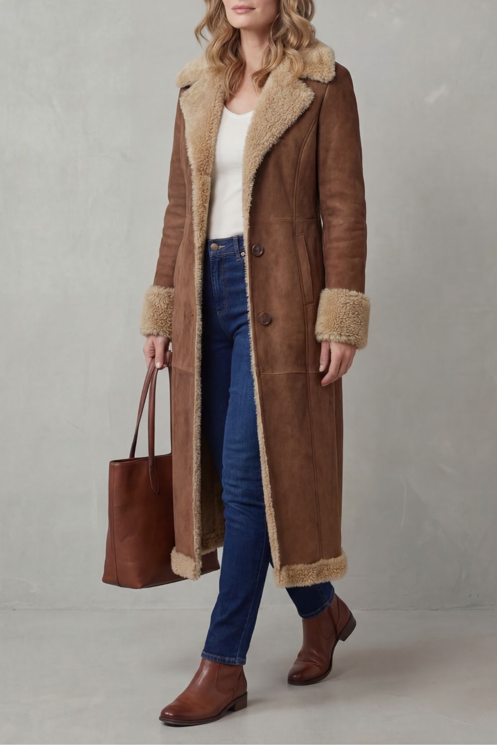 Una | Shearling Lined Suede Look Longline Coat