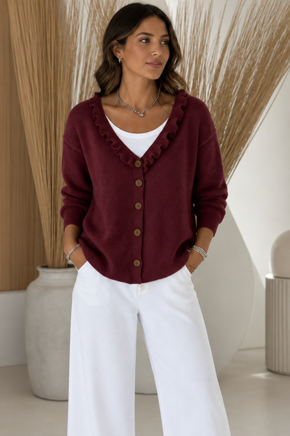 Liora | Ruffle Collar Stretch Knit Cardigan