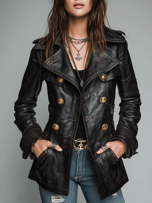 Valentina | Double Breasted Leather Military Jacket