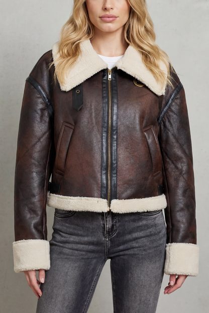 Amber | Shearling Trim Cropped Aviator Jacket