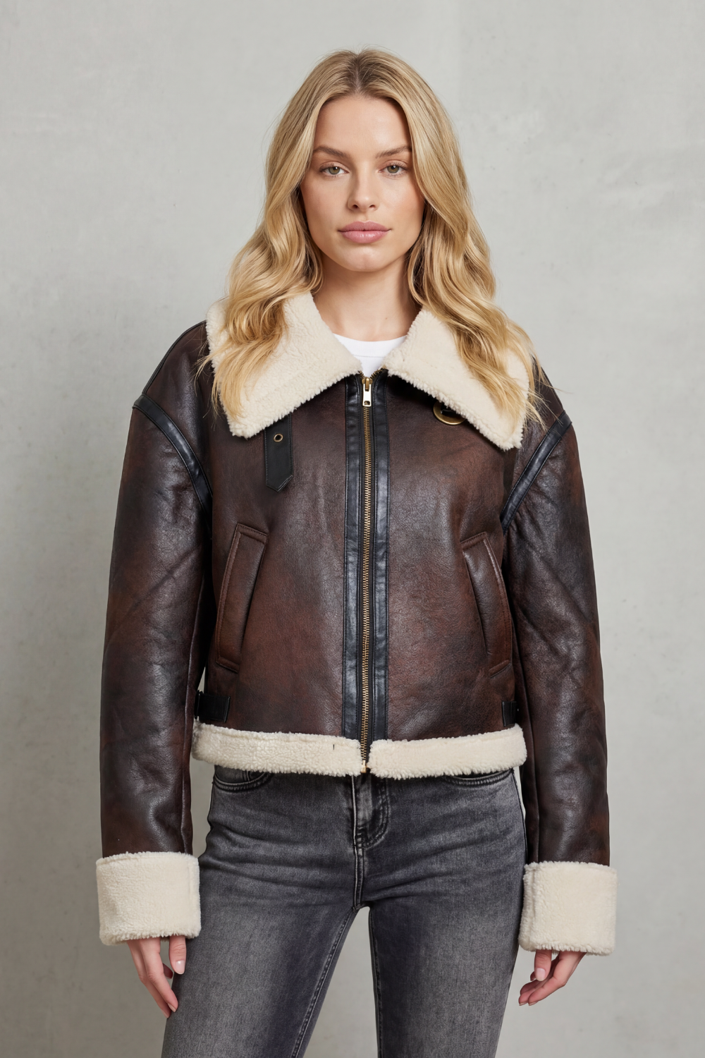 Amber | Shearling Trim Cropped Aviator Jacket