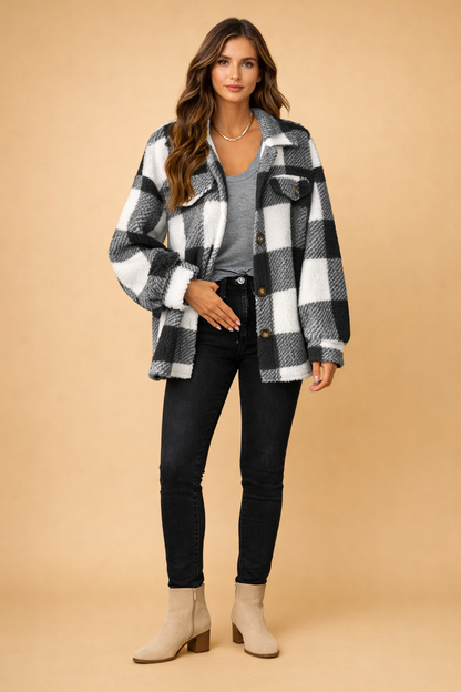 Amelia | Oversized Plaid Teddy Fleece Shirt Jacket