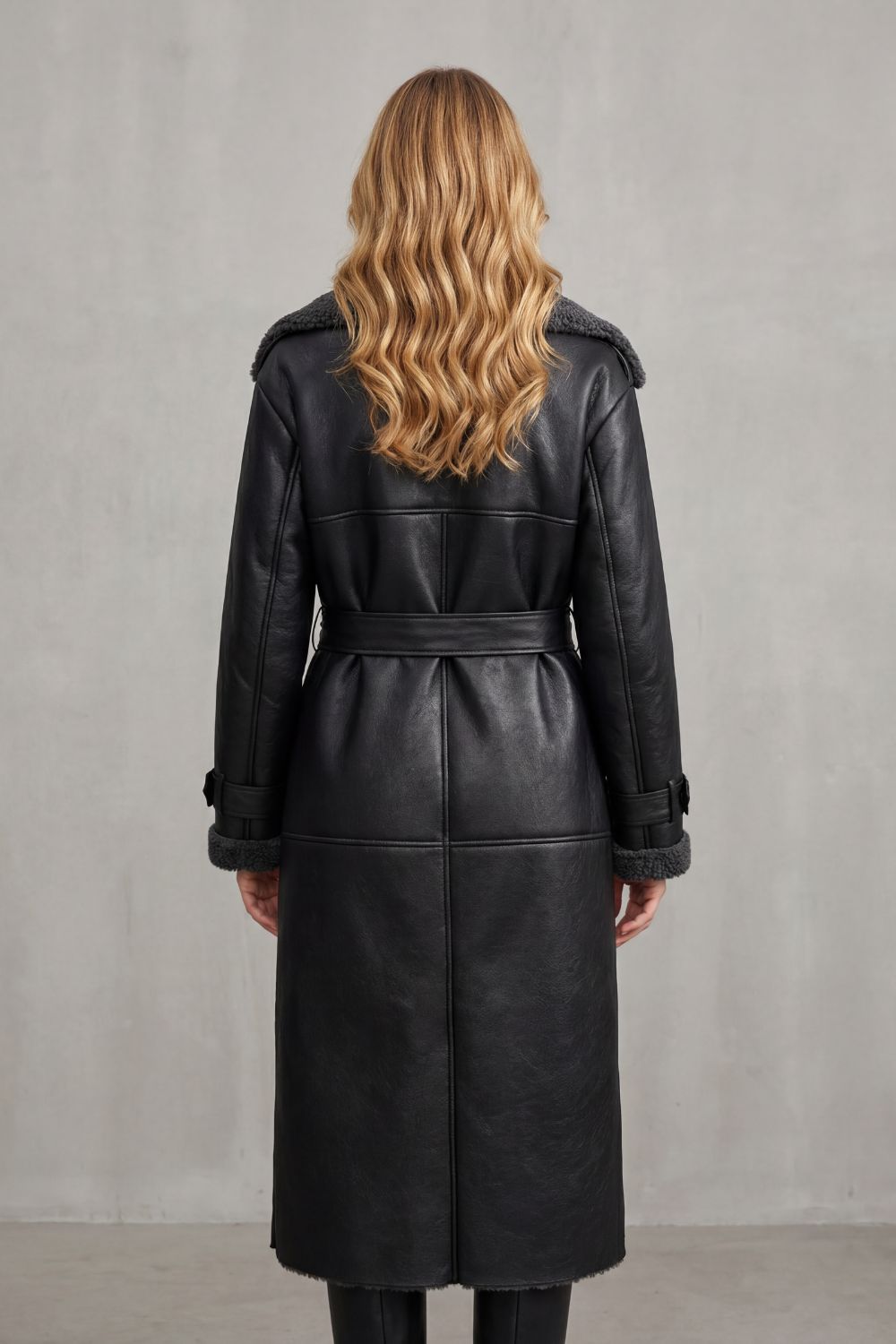 Amilla | Oversized Shearling Trim Belted Longline Aviator Coat