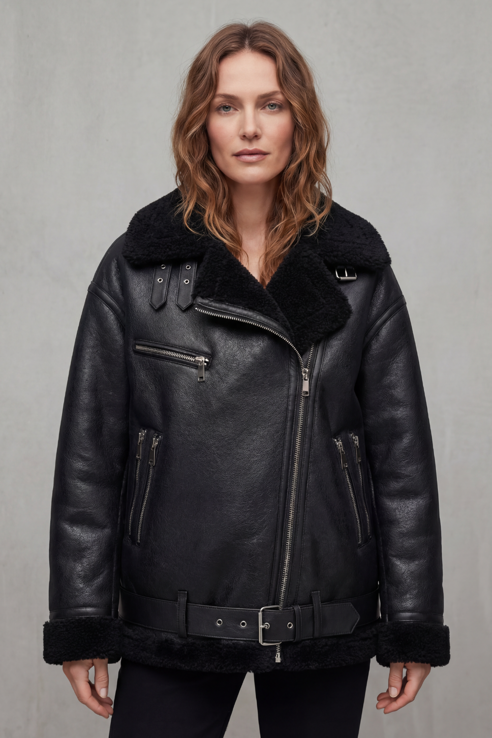 Anna | Shearling Collar Oversized Aviator Jacket