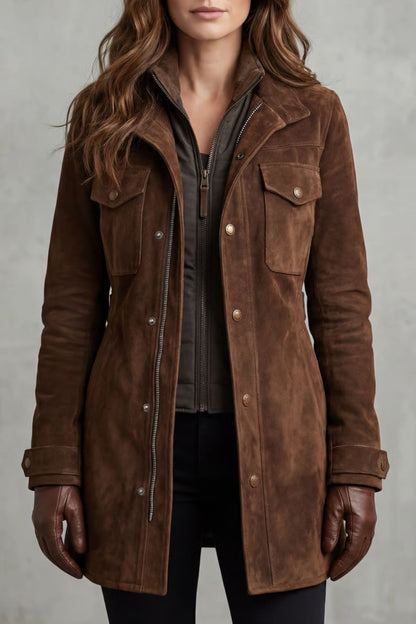 Avery | Suede Zip Front Utility Button Jacket