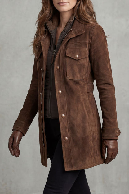 Avery | Suede Zip Front Utility Button Jacket
