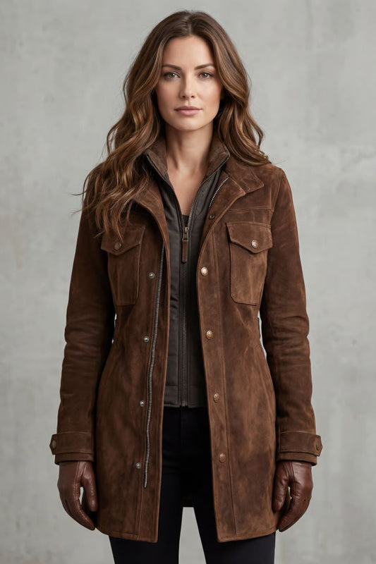 Avery | Suede Zip Front Utility Button Jacket