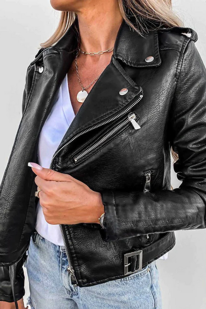Roxy | Belted Asymmetric Zip Faux Leather Biker Jacket