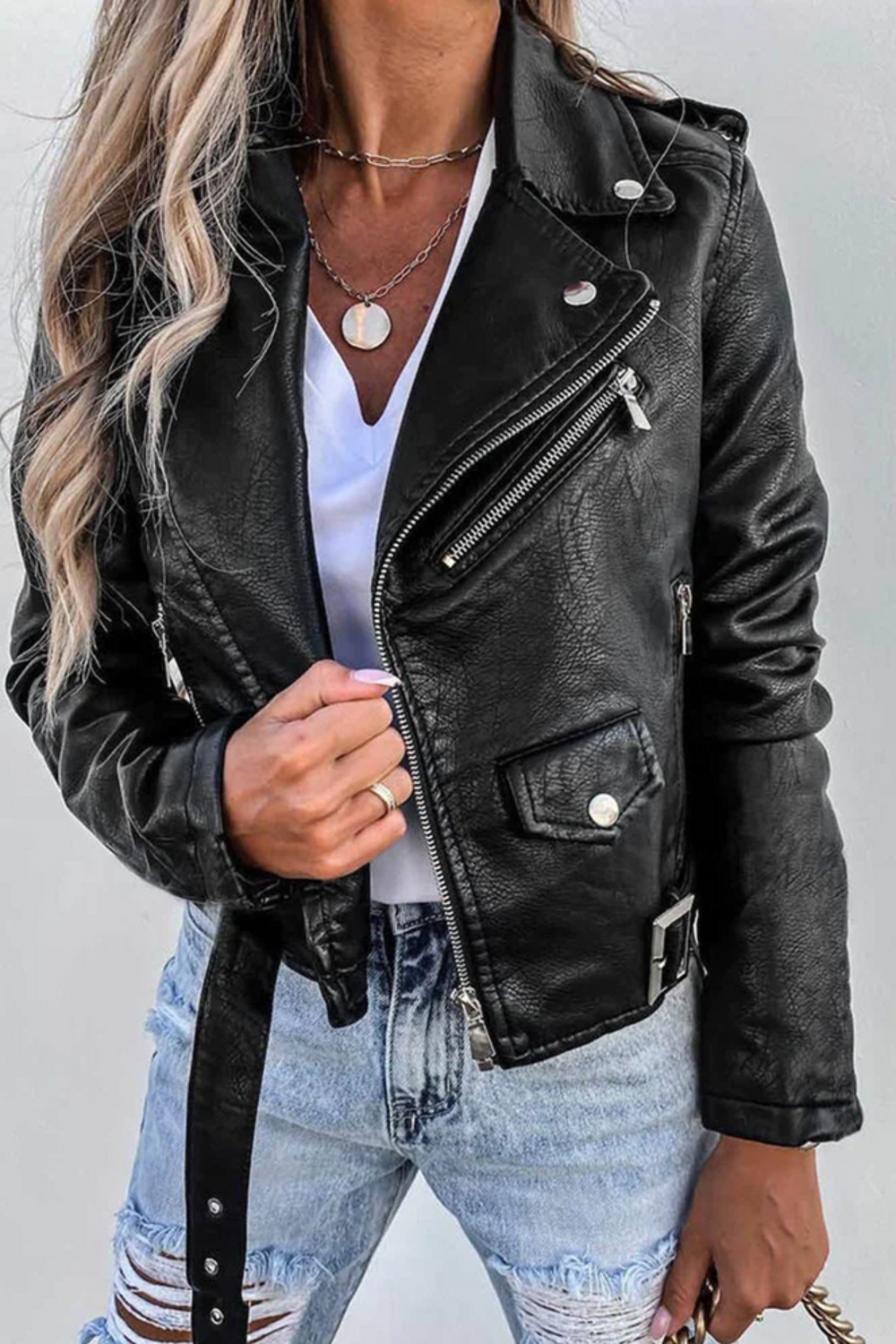 Roxy | Belted Asymmetric Zip Faux Leather Biker Jacket