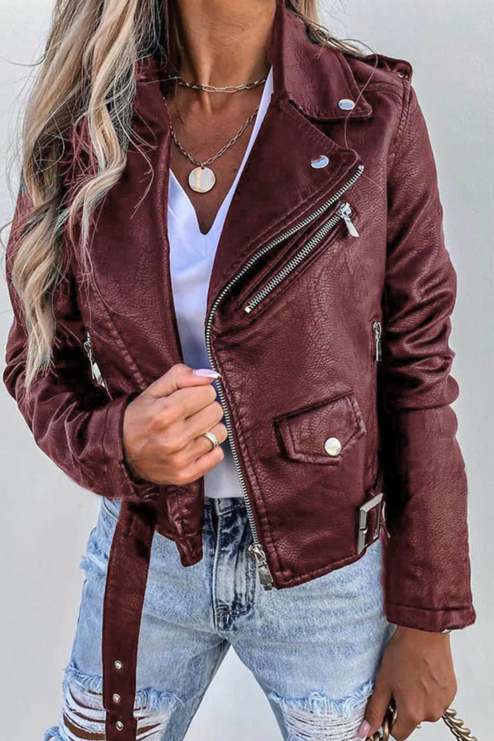 Roxy | Belted Asymmetric Zip Faux Leather Biker Jacket