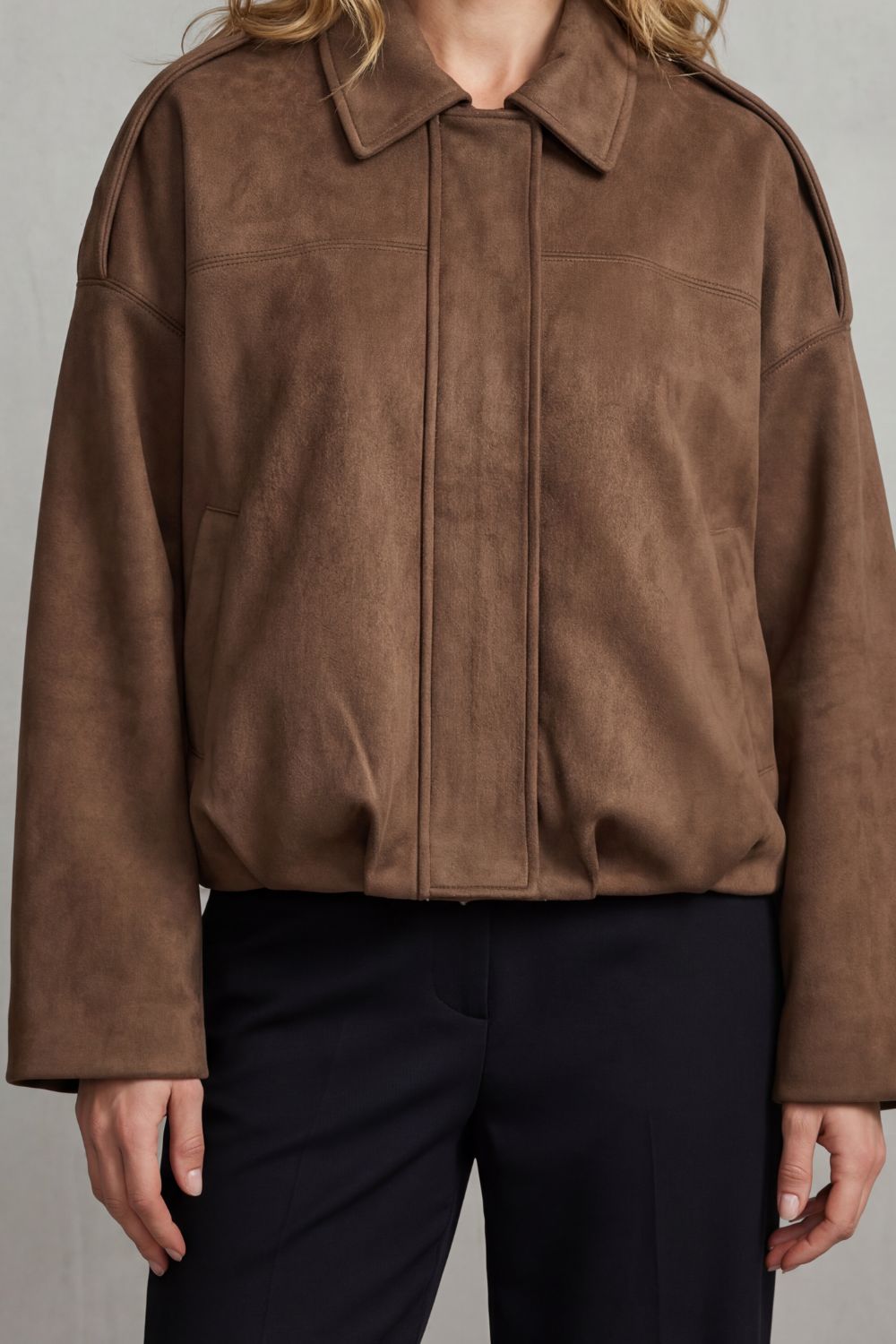 Bria | Suede Pleated Oversized Bomber Jacket