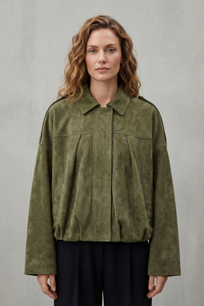 Bria | Suede Pleated Oversized Bomber Jacket