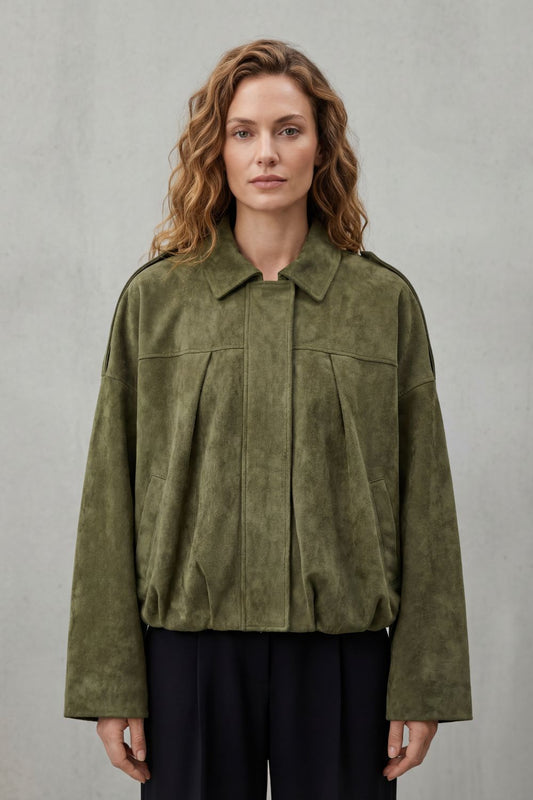 Bria | Suede Pleated Oversized Bomber Jacket