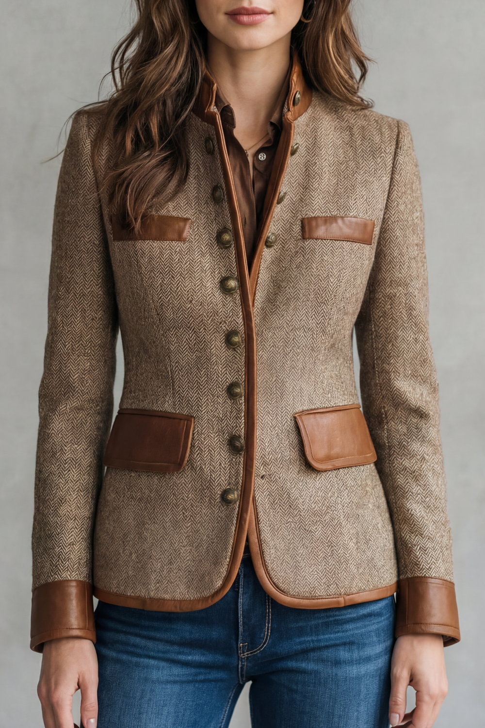 Brienne | Contrast Leather Trim Tailored Blazer