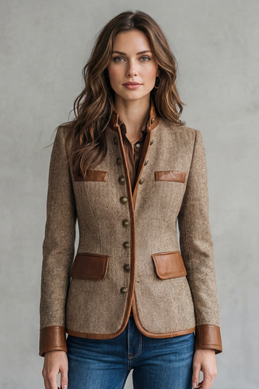 Brienne | Contrast Leather Trim Tailored Blazer