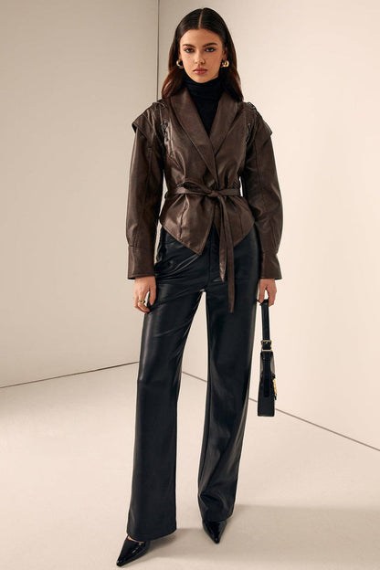 Scarlett | Lace Up Hooded Belted Faux Leather Jacket