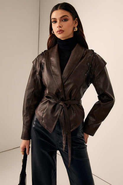 Scarlett | Lace Up Hooded Belted Faux Leather Jacket