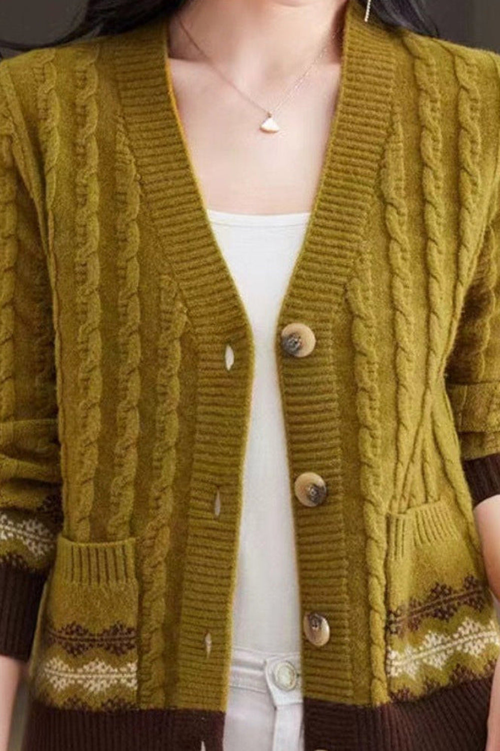 Greta | Fair Isle Trim Cable Knit V Neck Cardigan
