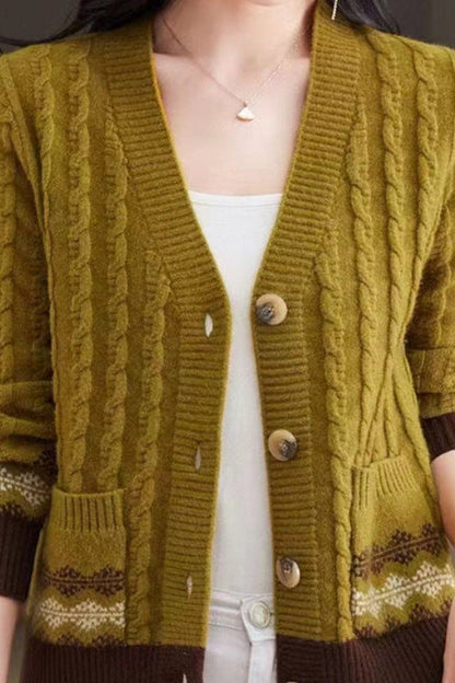 Greta | Fair Isle Trim Cable Knit V Neck Cardigan