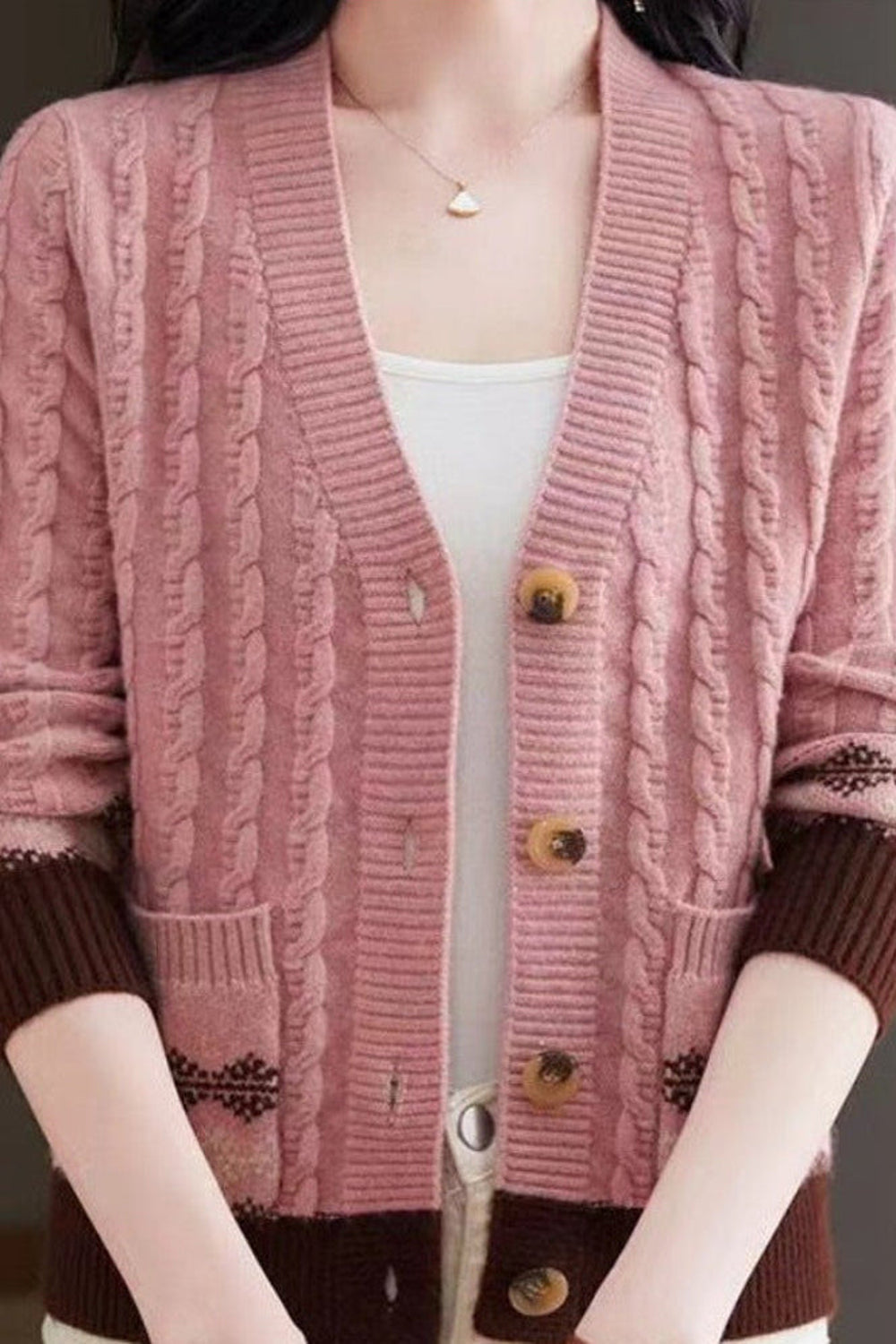 Greta | Fair Isle Trim Cable Knit V Neck Cardigan