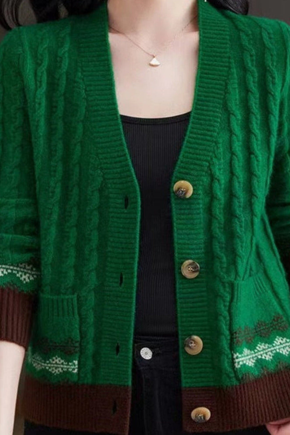 Greta | Fair Isle Trim Cable Knit V Neck Cardigan