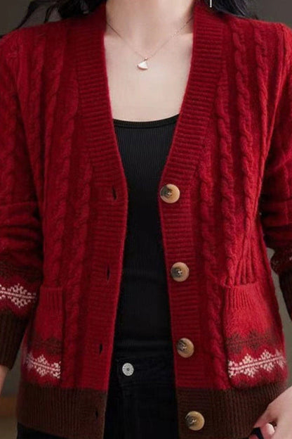 Greta | Fair Isle Trim Cable Knit V Neck Cardigan