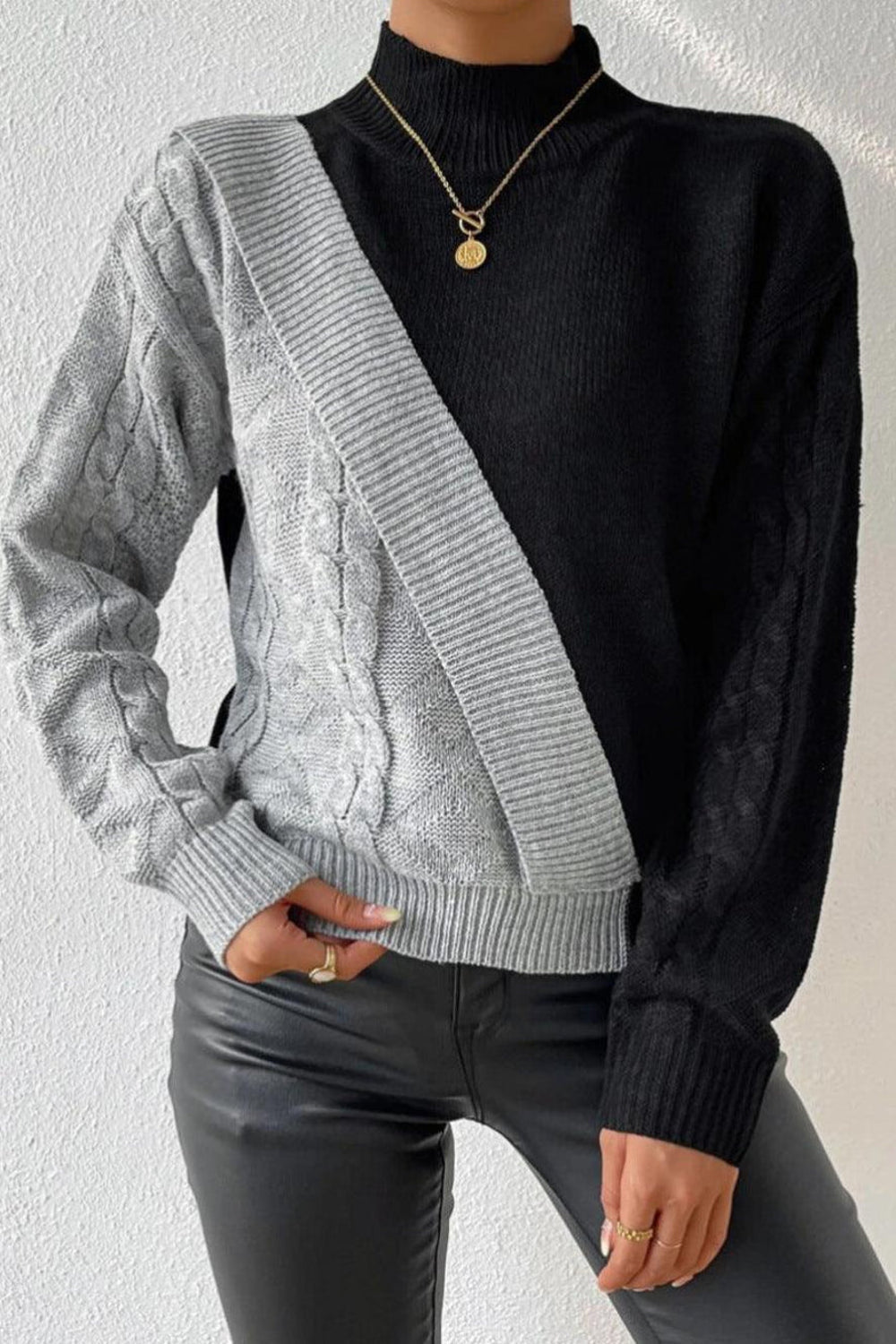 Esme | Colour Block Mock Neck Cable Knit Sweater