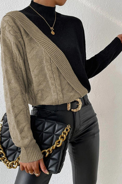 Esme | Colour Block Mock Neck Cable Knit Sweater
