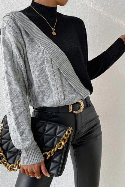 Esme | Colour Block Mock Neck Cable Knit Sweater