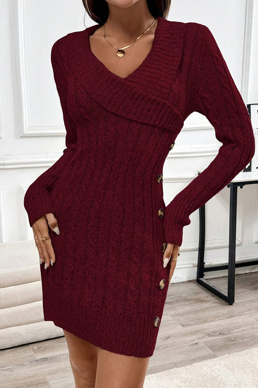 Giselle | Gold Button Cable Knit Bodycon Mini Dress