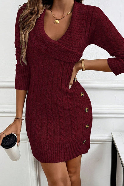 Giselle | Gold Button Cable Knit Bodycon Mini Dress