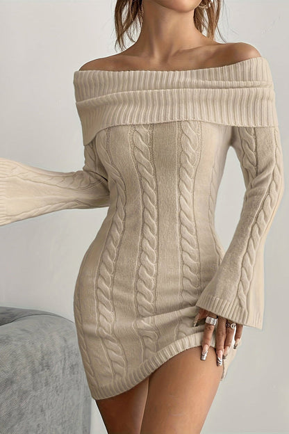 Chiara | Off Shoulder Flared Sleeve Cable Knit Mini Dress