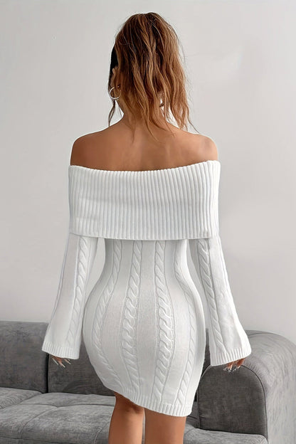 Chiara | Off Shoulder Flared Sleeve Cable Knit Mini Dress