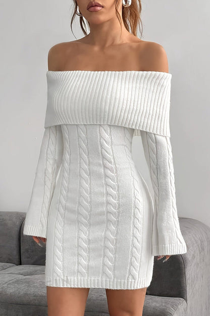 Chiara | Off Shoulder Flared Sleeve Cable Knit Mini Dress