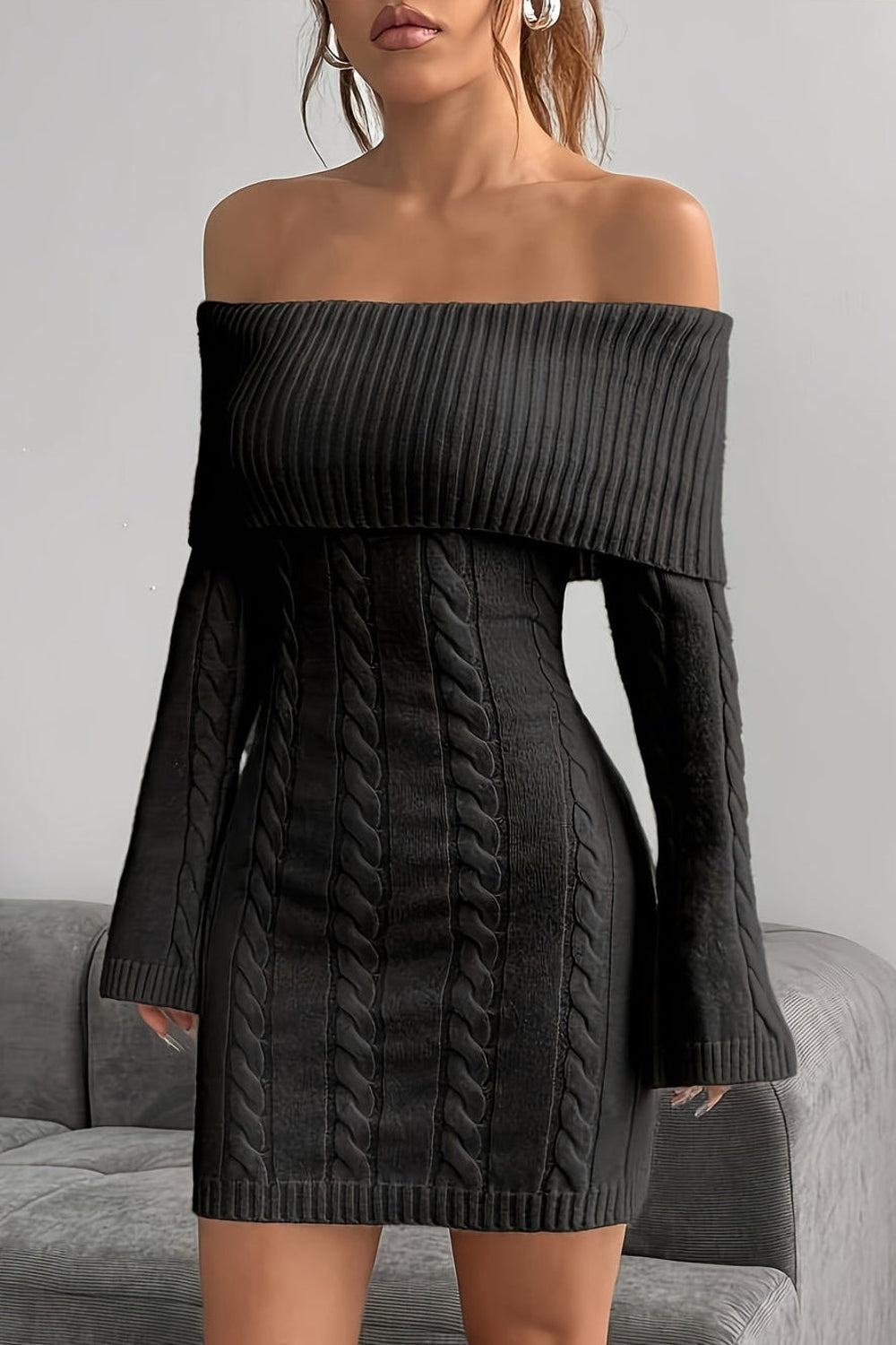 Chiara | Off Shoulder Flared Sleeve Cable Knit Mini Dress