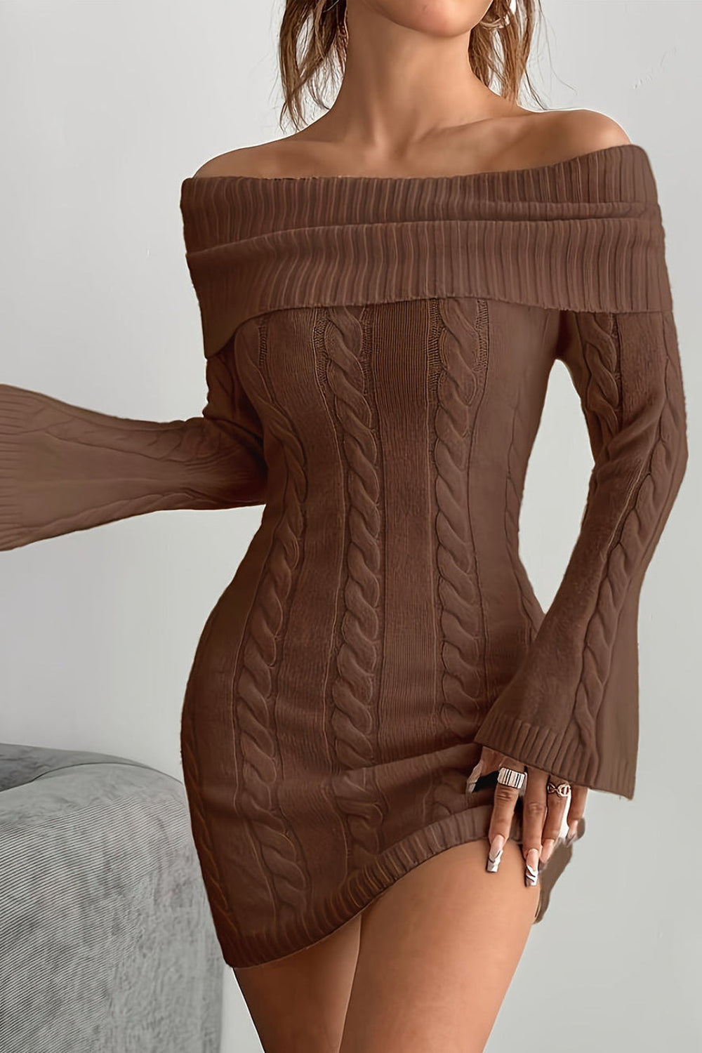 Chiara | Off Shoulder Flared Sleeve Cable Knit Mini Dress