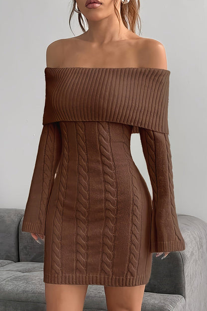 Chiara | Off Shoulder Flared Sleeve Cable Knit Mini Dress