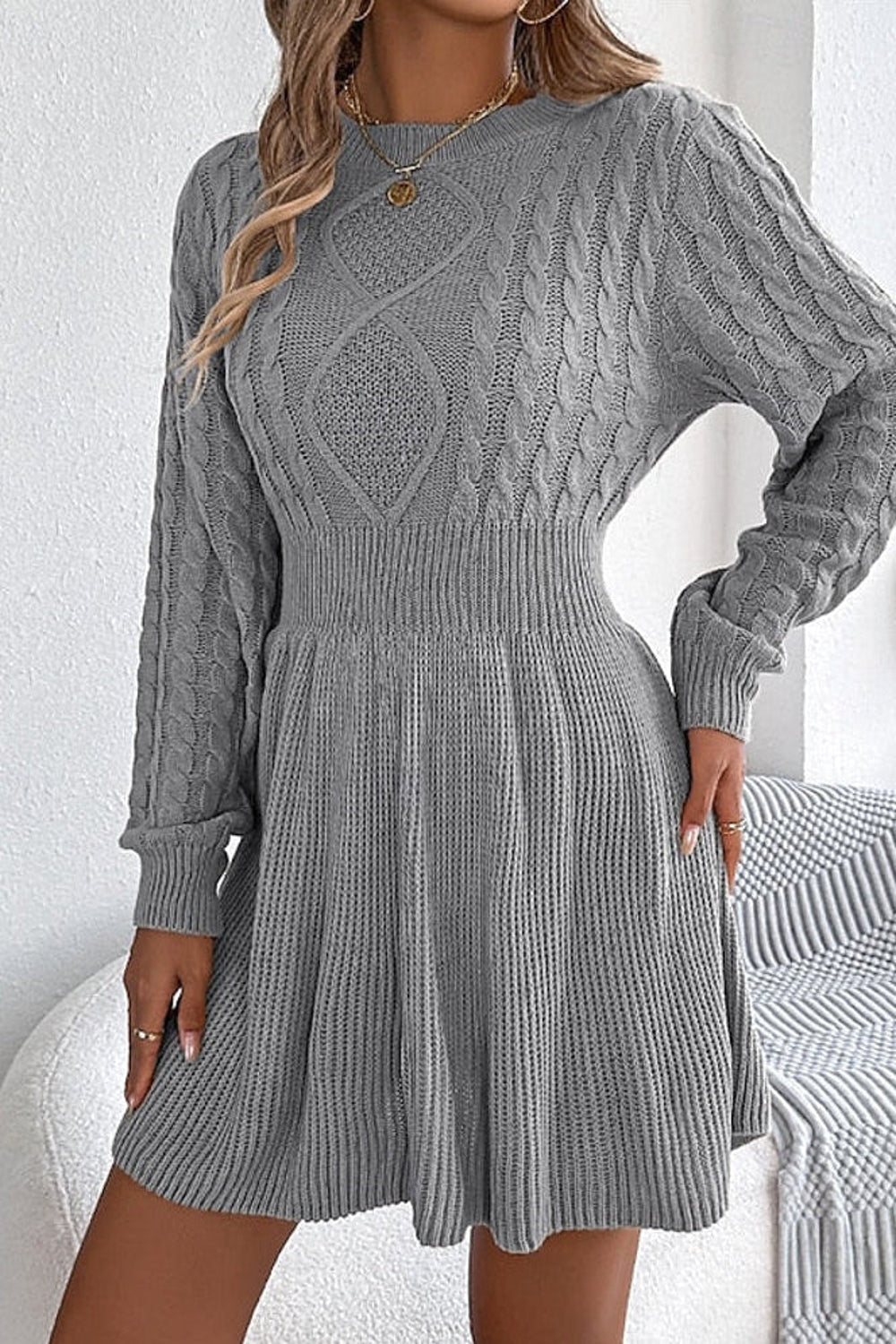 Ruby | Flared Skirt Cable Knit Sweater Dress
