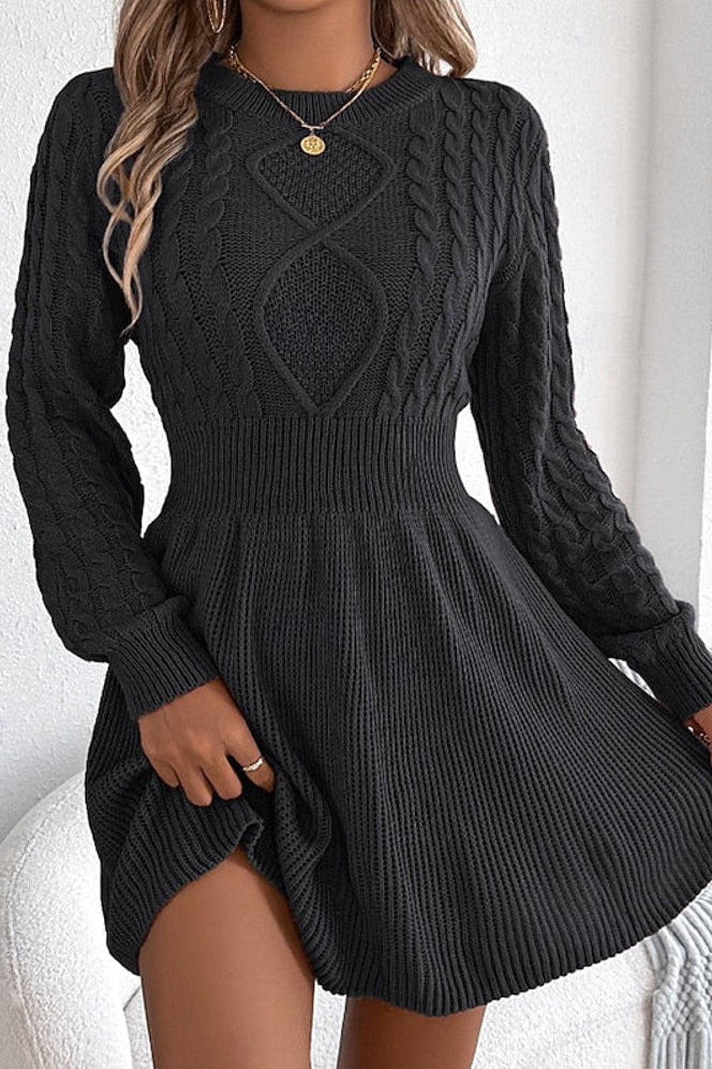 Ruby | Flared Skirt Cable Knit Sweater Dress