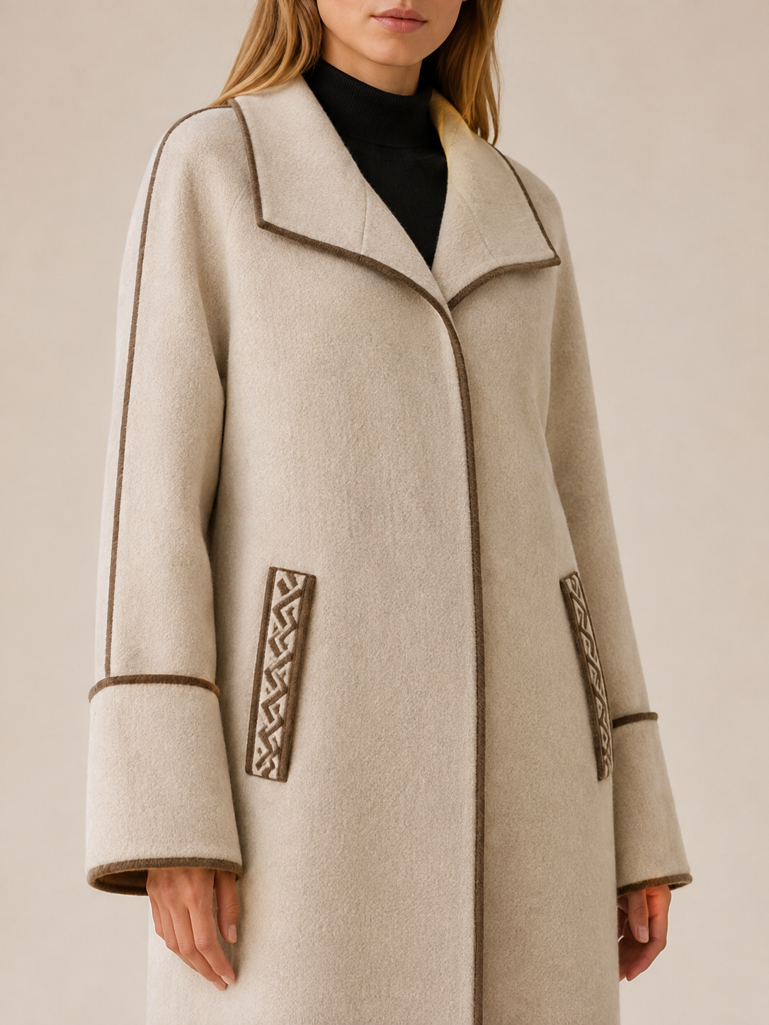 Camille | Contrast Trim Wide Collar Long Coat