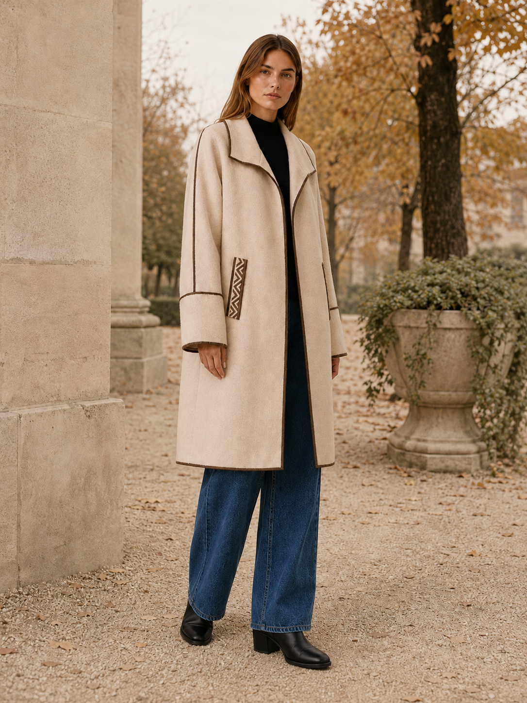 Camille | Contrast Trim Wide Collar Long Coat