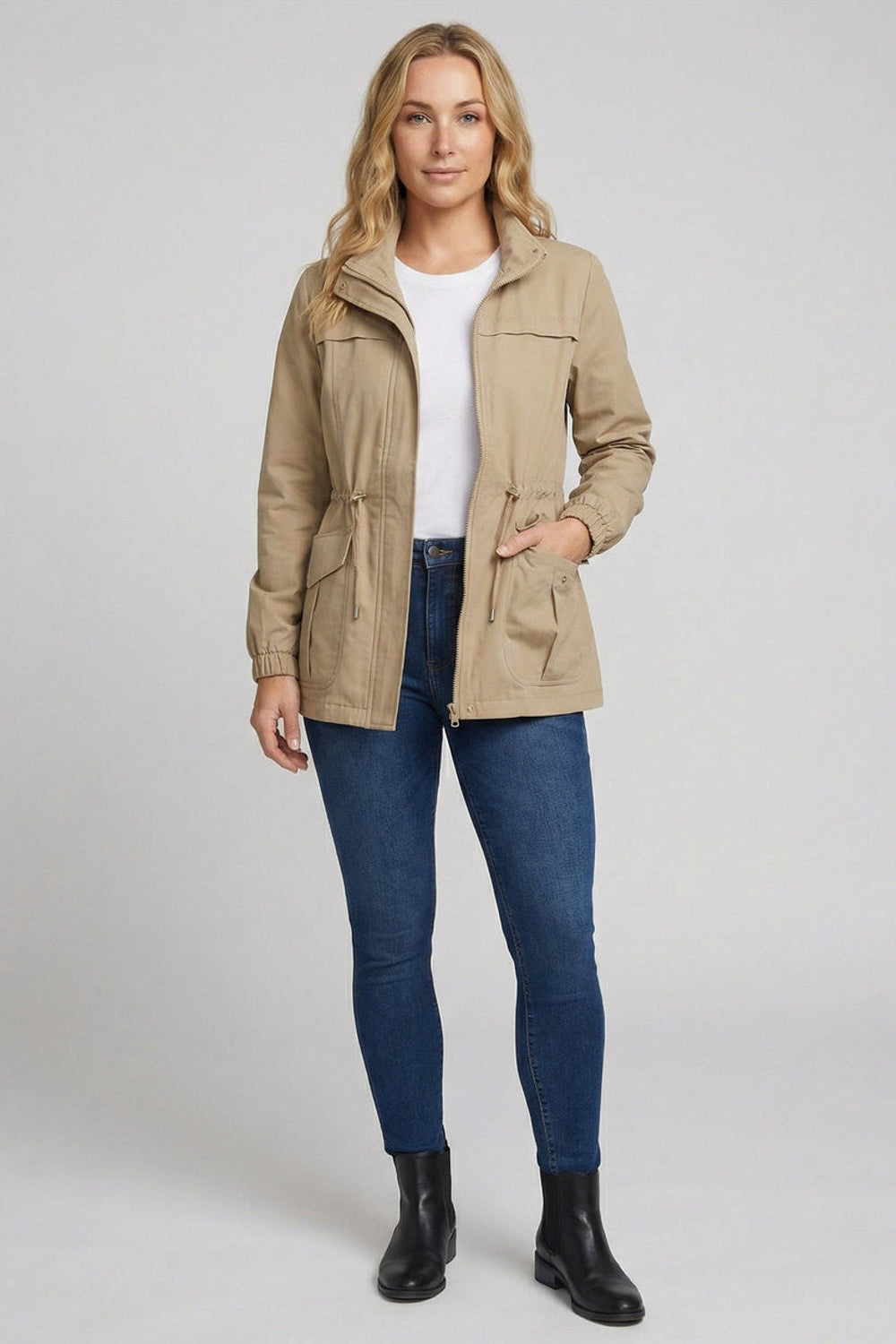 Jade | Drawstring Waist Flap Pocket Utility Jacket