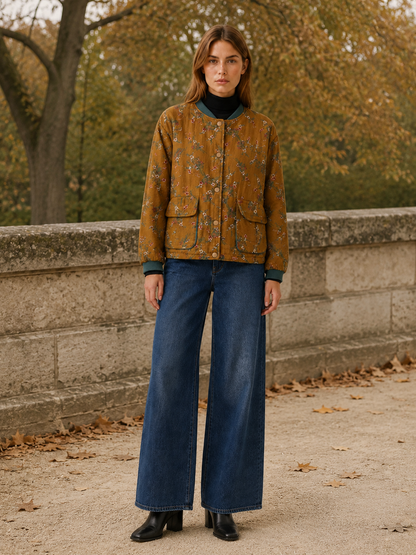 Cecilia | Floral Button Up Pocket Bomber Jacket