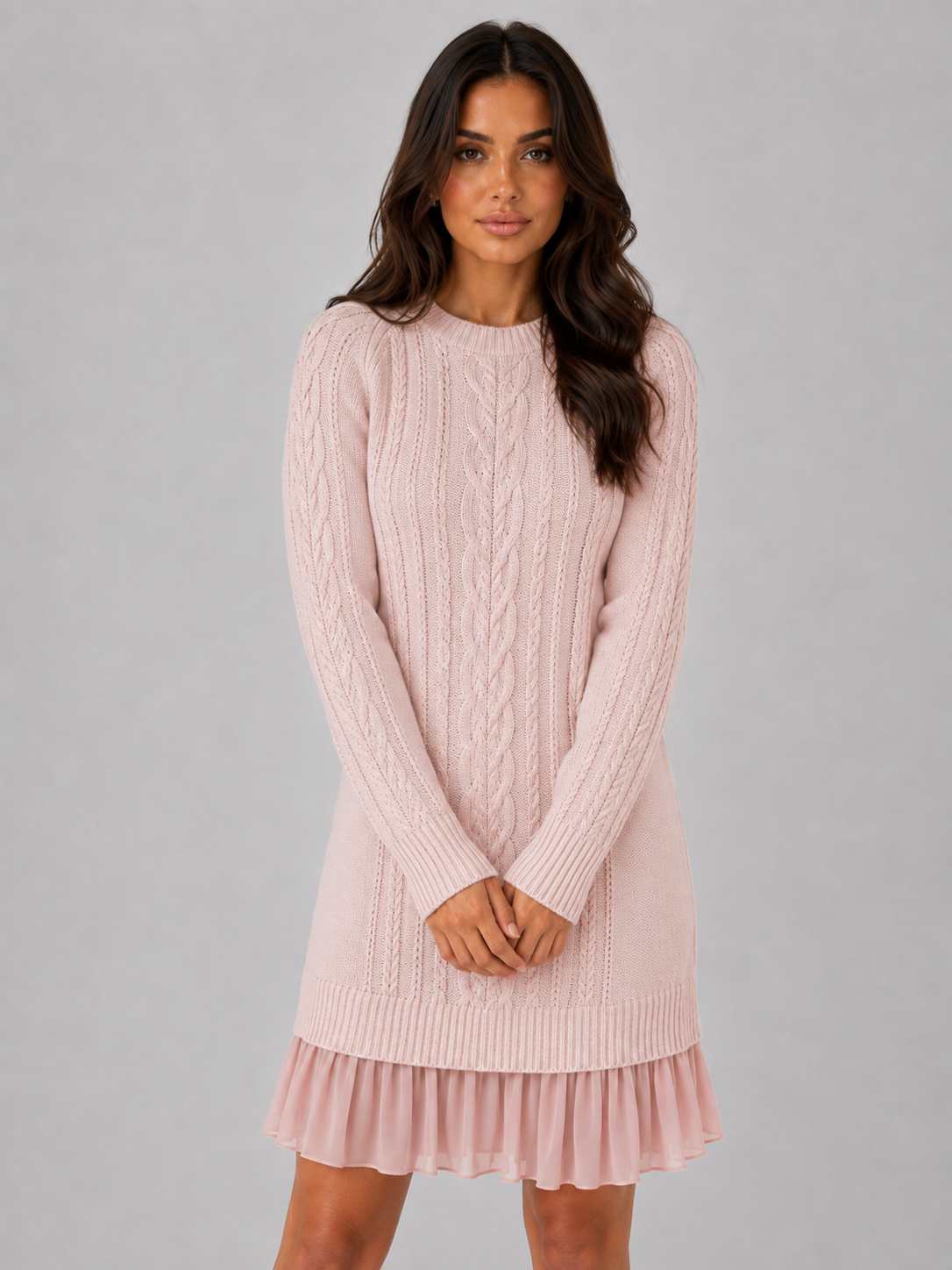 Charlotte | Cable Knit Pleated Hem Long Sleeve Mini Dress