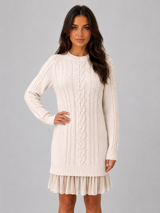 Charlotte | Cable Knit Pleated Hem Long Sleeve Mini Dress