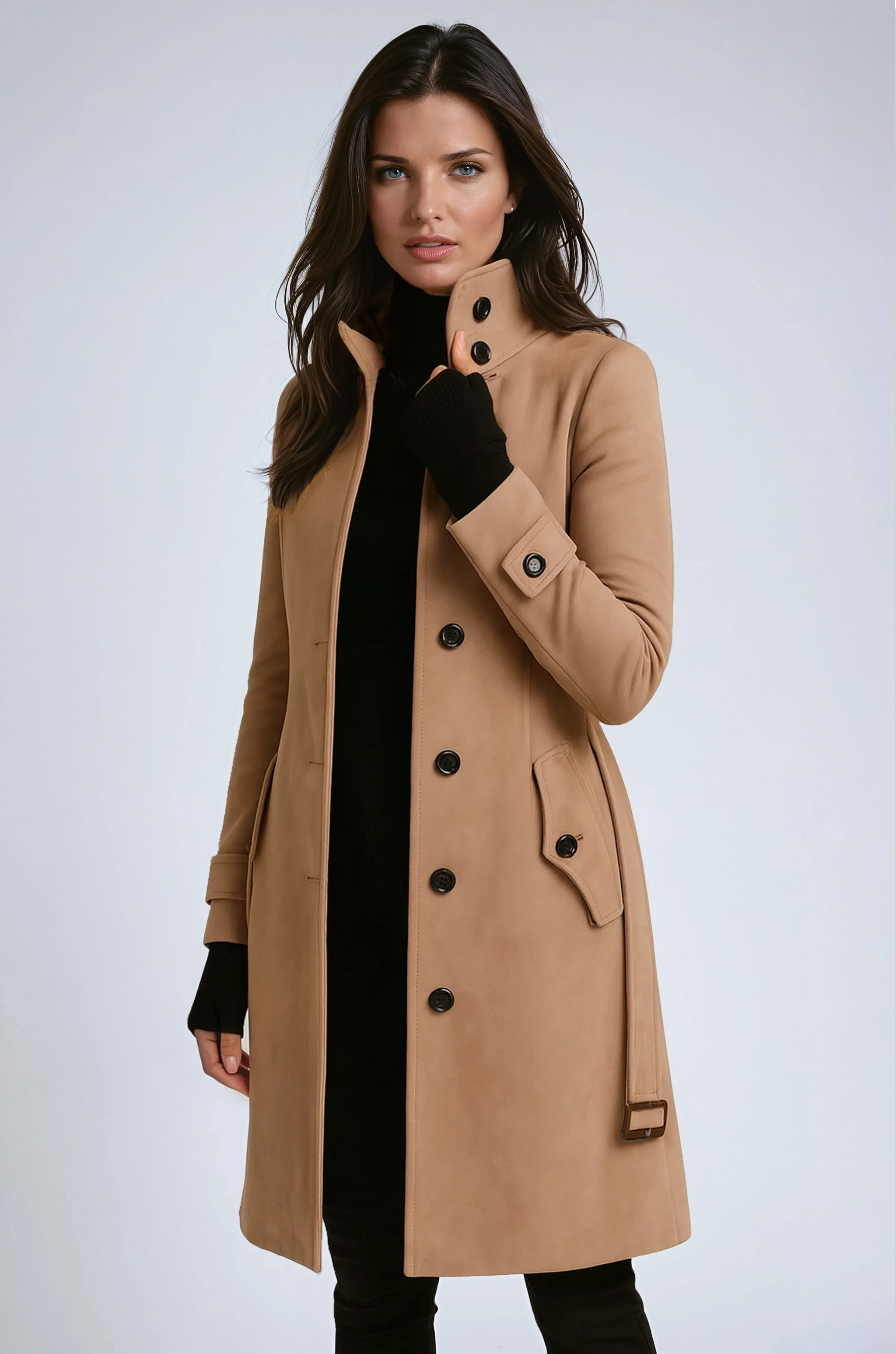 Sandy | High Neck Button Long Coat