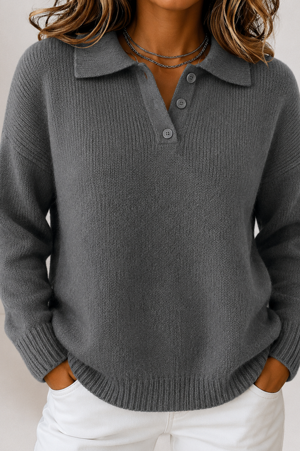 Phoebe | Polo Collar Button Placket Knit Sweater